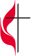 United Methodist Church logo - flames licking around a simple black cross