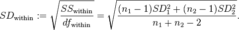 SD_\text{within}:=\sqrt{\frac{SS_\text{within}}{df_\text{within}}}=\sqrt{\frac{(n_1-1)SD_1^2+(n_2-1)SD_2^2}{n_1+n_2-2}}.