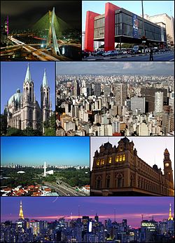 From the top, left to right: Octávio Frias de Oliveira Bridge; São Paulo Museum of Art at Paulista Avenue; São Paulo Cathedral; overview of the historic downtown; Ibirapuera Park; Luz Station and panoramic view of the city at night.