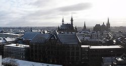 Panoramic view of Aachen, including Kaiser Karls Gymnasium (foreground), townhall (back center) and cathedral (back right)
