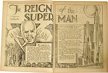 Two-page spread titled "The Reign of the Superman". On the left page is a bald men, and along both pages is a futuristic town.
