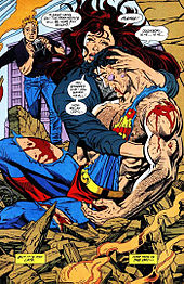 A crying Lois Lane hugs the bloody and battered corpse of Superman, while a sad Jimmy Olson takes pictures behind her.