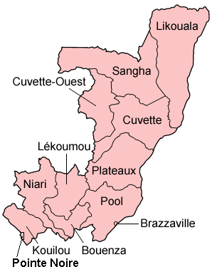 A clickable map of the Republic of the Congo exhibiting its twelve departments.