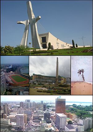 Collection of views of Abidjan, featuring St. Paul's Cathedral, the Félix Houphouët-Boigny Stadium, the Republic square, the beach of Vridi and the CBD named Le Plateau.