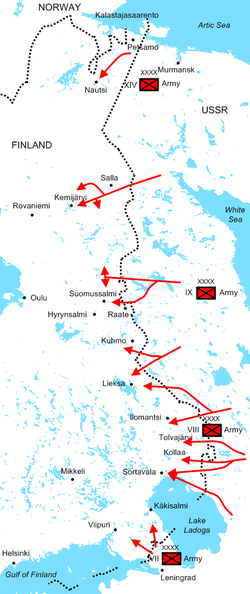 Diagram of Soviet assaults illustrating the positions of the Soviet armies and their offensive routes. The Red Army invaded dozens of kilometres deep Finland during the first month of the war.