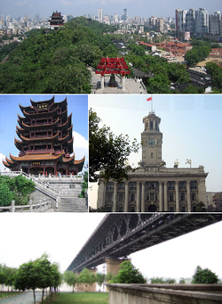 From top: Wuhan and the Yangtze River, Yellow Crane Tower, Wuhan Custom House, and Wuhan Yangtze River Bridge