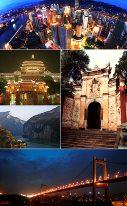 Clockwise from top: Jiefangbei CBD Skyline, The Temple of the White Emperor, E'gongyan Bridge, Qutang Gorge, and the Great Hall of the People.