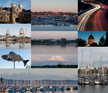 (From top left to bottom right) Old Capitol Building, East Olympia, Interstate 5 at the junction of U.S. Route 101, Port of Olympia, Downtown from Capitol Lake, Washington State Capitol, Salmon sculpture, Mount Rainier, Olympic Mountains and Swantown Marina, Percival Landing Park.