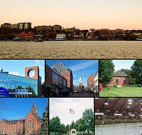 From top to bottom, going left to right: Burlington skyline viewed from the waterfront, ECHO Lake Aquarium and Science Center, Church Street Marketplace, Ethan Allen Homestead Museum and Historic Site, Old Mill buliding on the University of Vermont campus, Battery Park, and Gutterson Fieldhouse.