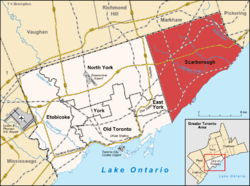 Location of Scarborough (red) in Toronto.