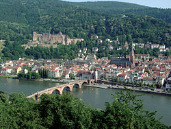 Heidelberg, with Heidelberg Castle on the hill and the Old Bridge over river Neckar