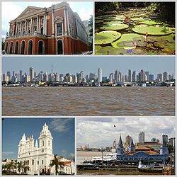 Top row left: Theatro da Paz and Vitória Régia, in Paraense Emílio Goeldi Museum.  Middle row: The city of Belem seen from the River Guama.  Bottom row left: Cathedral of Sé and Ver-o-Peso market.