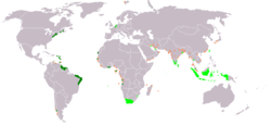 An anachronous map of the Dutch colonial Empire. Light green: territories administered by or originating from territories administered by the Dutch East India Company; dark green the Dutch West India Company.