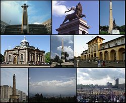 A montage of Addis Ababa's sights (from left to right) Top: Addis Ababa City Hall, Lion of Judah Monument, Tiglachin MonumentMiddle: St. George's Cathedral, Yekatit 12 Square, Addis Ababa Railway Station  Bottom: Meyazia 27 Square, View of Addis Ababa from Entoto, Meskel Square