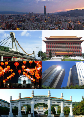 Clockwise from top: Taipei skyline, Grand Hotel, Far Eastern Plaza, National Palace Museum, Chiang Kai-shek Memorial Hall, Jiantan Station