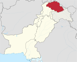 Gilgit-Baltistan  is shown in red. Rest of Pakistan is shown in white. The Indian-administered state of Jammu and Kashmir is shown by hatching.