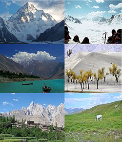 Clockwise from top: K2, Biafo Glacier, Attabad Lake Hunza, Skardu machulu baltistan , Deosai National Park