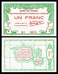 A one-franc World War II banknote (1943), printed in Papeete, depicting the outline of Tahiti (rev).