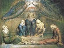 Painting of a bearded man and four children huddled on a stone floor with two large angels overhead.