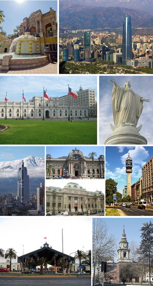 Collage of Santiago, left to right, top to bottom: Cerro Santa Lucía, panoramic view of Santiago, La Moneda, Statue of the Immaculate Conception, Torre Entel, National Museum of Fine Arts and National Library of Chile, Torre Telefónica, Santiago Metropolitan Cathedral and Santiago Metro.