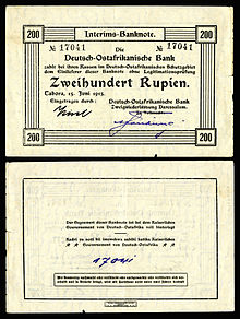 A 200 German East African rupie provisional banknote issued in Dar es Salaam from 1915-17. Currency had to be printed locally due to a significant lack of provisions resulting from the naval blockade.
