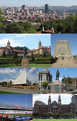 Clockwise from top left: Pretoria CBD skyline, Front view of the Union Buildings, Voortrekker Monument, Administration Building of the University of Pretoria, Church Square, Loftus Versfeld Stadium and the Palace of Justice.