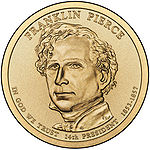 A one-dollar coin featuring Pierce.