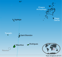 Islands of Mauritius labelled in black. Tromelin and Chagos archipelago are claimed by Mauritius.