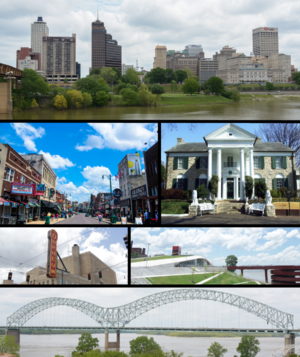 From top to bottom and left to right: Downtown Memphis skyline, Beale Street, Graceland, Orpheum Theatre, Beale Street Landing, and the Hernando de Soto Bridge