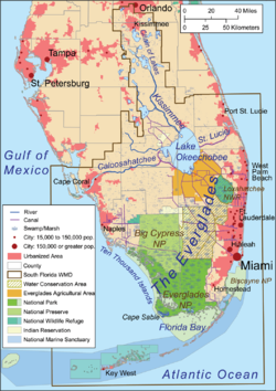 Southern third of the Florida Peninsula, showing the area managed by the South Florida Water Management District, Lake Okeechobee, the Everglades, Big Cypress National Preserve, the Miami metropolitan area, the Ten Thousand Islands, and Florida Bay.