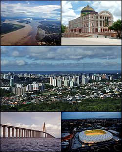 Top left: Meeting of Waters; top right: Teatro Amazonas; center: view of the city; bottom left: Manaus–Iranduba Bridge and Rio Negro; bottom right: Arena da Amazônia at night.