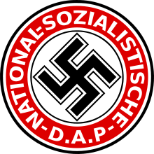 Nazi Party logo, with black swastika surrounded by white lettering on red ring