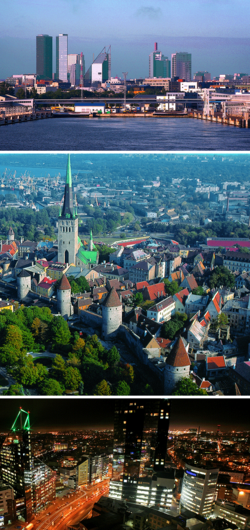 A collage of Tallinn showing a view from the sea, the Old Town and a night view of the downtown