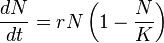 \frac{dN}{dt}=rN\left(1 - \frac{N}{K}\right) \qquad \!