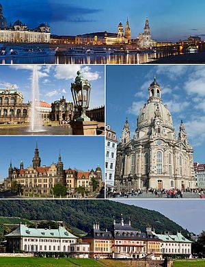 Clockwise: Dresden at night, Dresden Frauenkirche, Schloss Pillnitz, Dresden Castle and Zwinger.