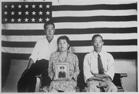 The Hirano family, left to right, George, Hisa, and Yasbei. Colorado River Relocation Center, Poston, Arizona., 1942... - NARA - 535989.tif