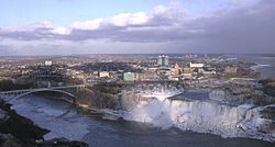The city of Niagara Falls. In the foreground is the waterfall named Niagara Falls.