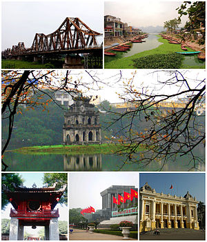 (from left) top: Long Biên Bridge, river near Perfume Pagoda; middle: Turtle Tower, bottom: Temple of Literature, Ho Chi Minh Mausoleum, Hanoi Opera House