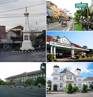 From top left, clockwise: Tugu Monument, Jalan Malioboro, Kraton Yogyakarta, Bank Indonesia Yogyakarta, Gadjah Mada University