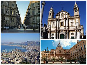 Clockwise from top: Quattro Canti in Maqueda Street, San Domenico Church, Pretoria Square and Santa Caterina Church, and view of downtown Palermo from Mount Pellegrino