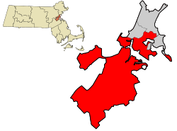 Boston (red) is in Suffolk County (gray+red)in the state of Massachusetts.