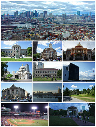 From top to bottom, left to right: the Boston skyline viewed from the Bunker Hill Monument; the Museum of Fine Arts; Faneuil Hall; Massachusetts State House; The First Church of Christ, Scientist; Boston Public Library; the John F. Kennedy Presidential Library and Museum; South Station; Boston University and the Charles River; Arnold Arboretum; Fenway Park; and the Boston Common