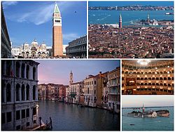 A collage of Venice: at the top left is the Piazza San Marco, followed by a view of the city, then the Grand Canal, and (smaller) the interior of La Fenice and, finally, the Island of San Giorgio Maggiore