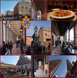 A collage of the city, showing Fountain of Neptune, Piazza Maggiore, Basilica of San Petronio, Two towers (Due Torri), Tagliatelle al ragù bolognese (dish of Bologna origin), and endless city arcades typical for Bologna