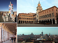Top left:Modena Cathedral and Ghirladinn Tower, Top right:Modena City Hall, Bottom left:Stoa of Portici del Collegio in Emilia Street, Bottom right:View of Modena Ducal Palace and San Domenico Cathedral from Dante Square