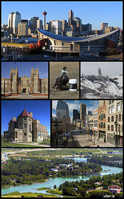 From top left: Scotiabank Saddledome and Downtown Calgary, SAIT Polytechnic, Calgary Stampede, Canada Olympic Park, Lougheed House, Stephen Avenue, Calgary Zoo