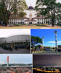 From top, clockwise: Gedung Sate, Great Mosque of Bandung, night skyline of the city, Pasoepati Bridge, Merdeka Building