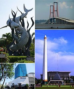 From top left, clockwise: Sura and Baya statue in Surabaya Zoo, Suramadu Bridge, Heroes Monument, Tunjungan Plaza.