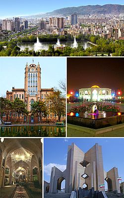 Clockwise from top: Skyline of the city, El-Gölü, Mausoleum of Poets, Bazaar of Tabriz, and the Tabriz Municipality Palace.