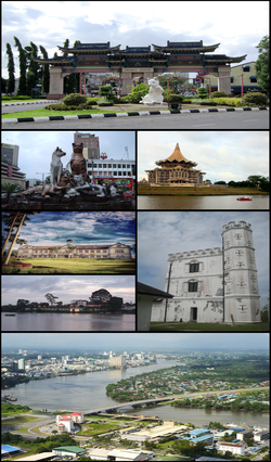 Clockwise from top right: Chinatown, State Assembly building, Fort Margherita, Pending Bridge, The Astana, Sarawak State Museum and cat statues.